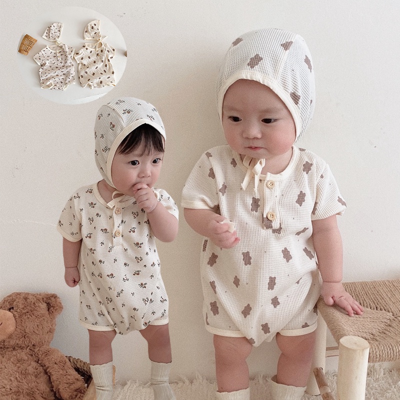 Bộ Áo Liền Quần Tay Ngắn In Hình Gấu Bánh Quế + Mũ Thời Trang Mùa Hè Cho Bé Sơ Sinh