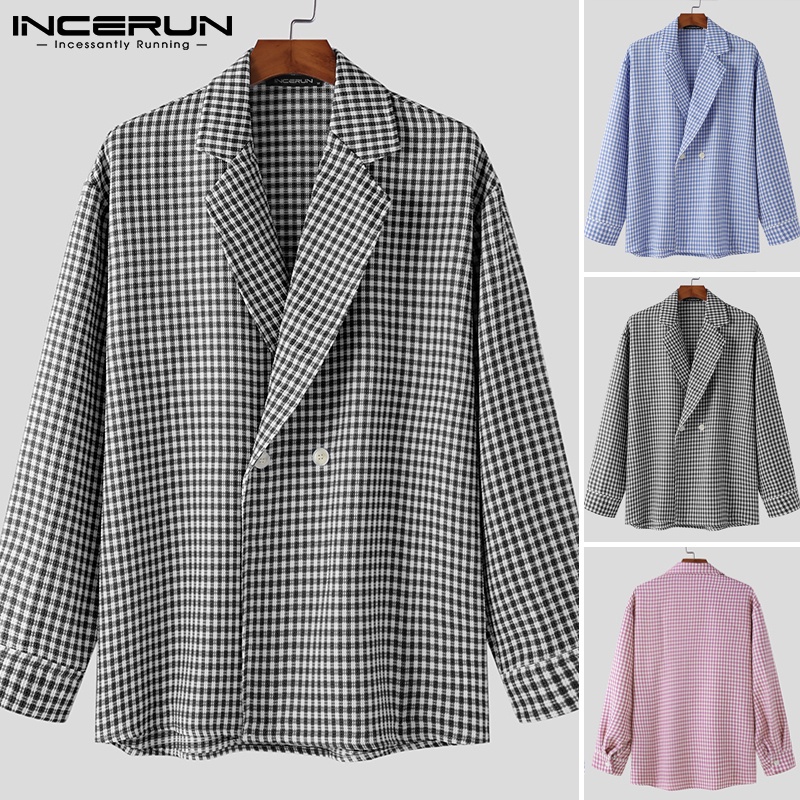 Áo sơ mi INCERUN dáng rộng cổ bẻ kẻ sọc caro thời trang cho nam