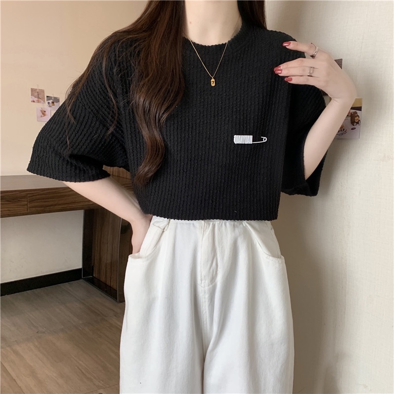 SUXI Áo thun tay ngắn cổ tròn màu sắc đơn giản dành cho nữ