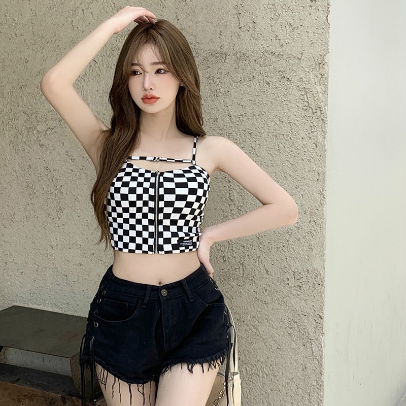 Áo Croptop Hai Dây Dáng Ôm Kẻ Sọc Caro Phối Khóa Kéo Kiểu Hàn Quốc Thời Trang Mùa Hè Cho Nữ