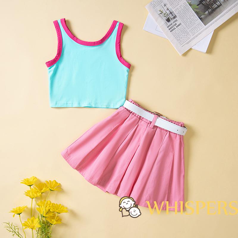 WHISPERS-Toddler Girls Set Letter Print Sleeveless Tank Tops + Solid Color Pleated Skirts + Waist Belt Summer