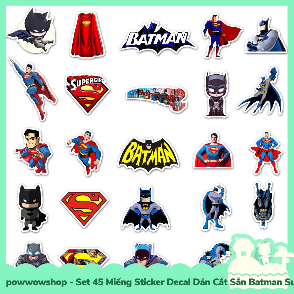 [Sẵn VN - Hỏa Tốc] Set 45 Miếng Sticker Decal Cắt Sẵn DIY Dán Trang Trí Vật Dụng Mẫu Batma V Superma Comic Classic