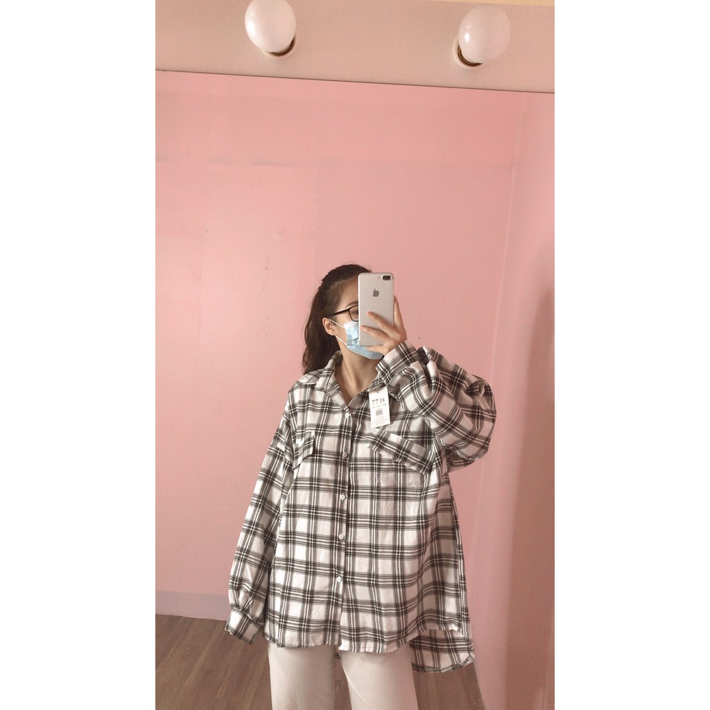 Áo sơ mi kẻ caro nữ ulzzang form rộng 4 màu 2 túi lệch basic | BigBuy360 - bigbuy360.vn