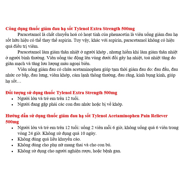 [DATE 5/2025] Týlenol Ácetaminophen Pain Reliever 500mg Caplets 100 VIÊN