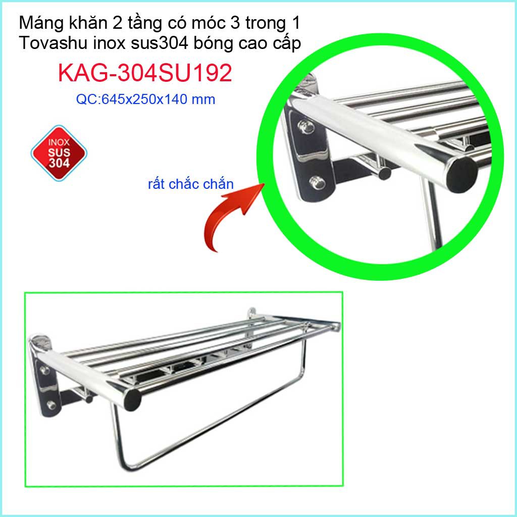 Thanh treo khăn tắm Tovashu KAG-304SU192, Giá treo khăn phòng tắm Inox hộp cao cấp SUS304 Nhật Bản