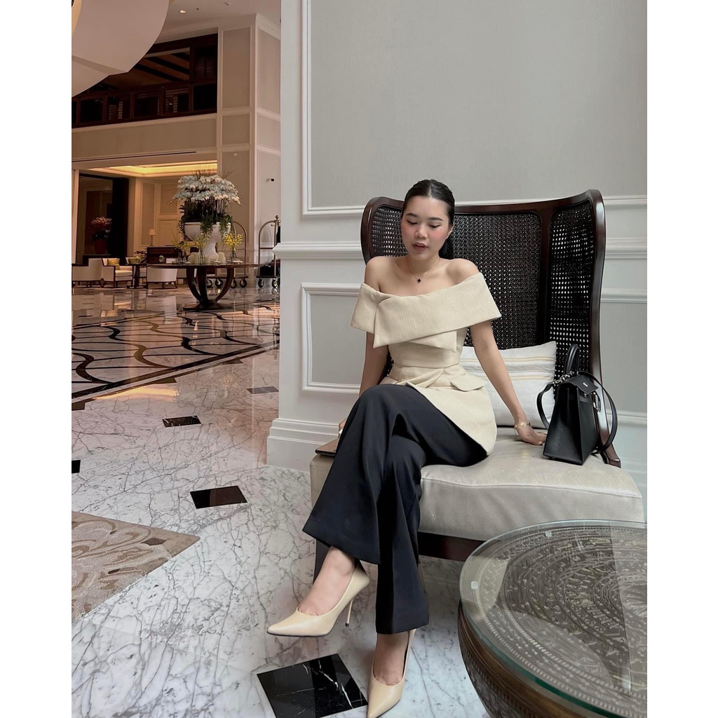 Áo trễ vai thiết kế dạ tweed mỏng 2 lớp tay ngắn