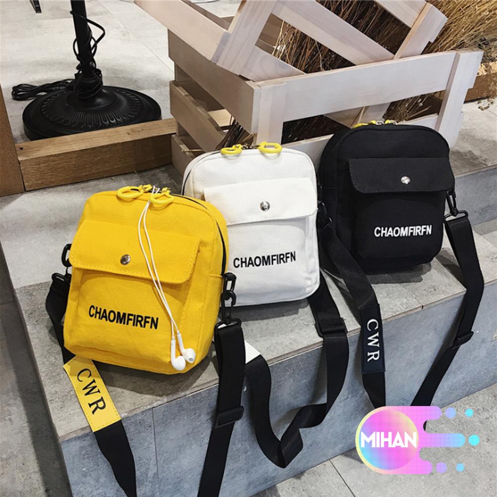 Túi đeo chéo vải canvas có khóa kéo màu trơn họa tiết chữ cái trẻ trung thời trang dành cho nữ