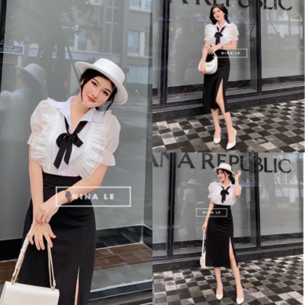 Set Bộ Áo Sơ Mi Viền Bèo Nữ Chân Váy Xẻ Tà