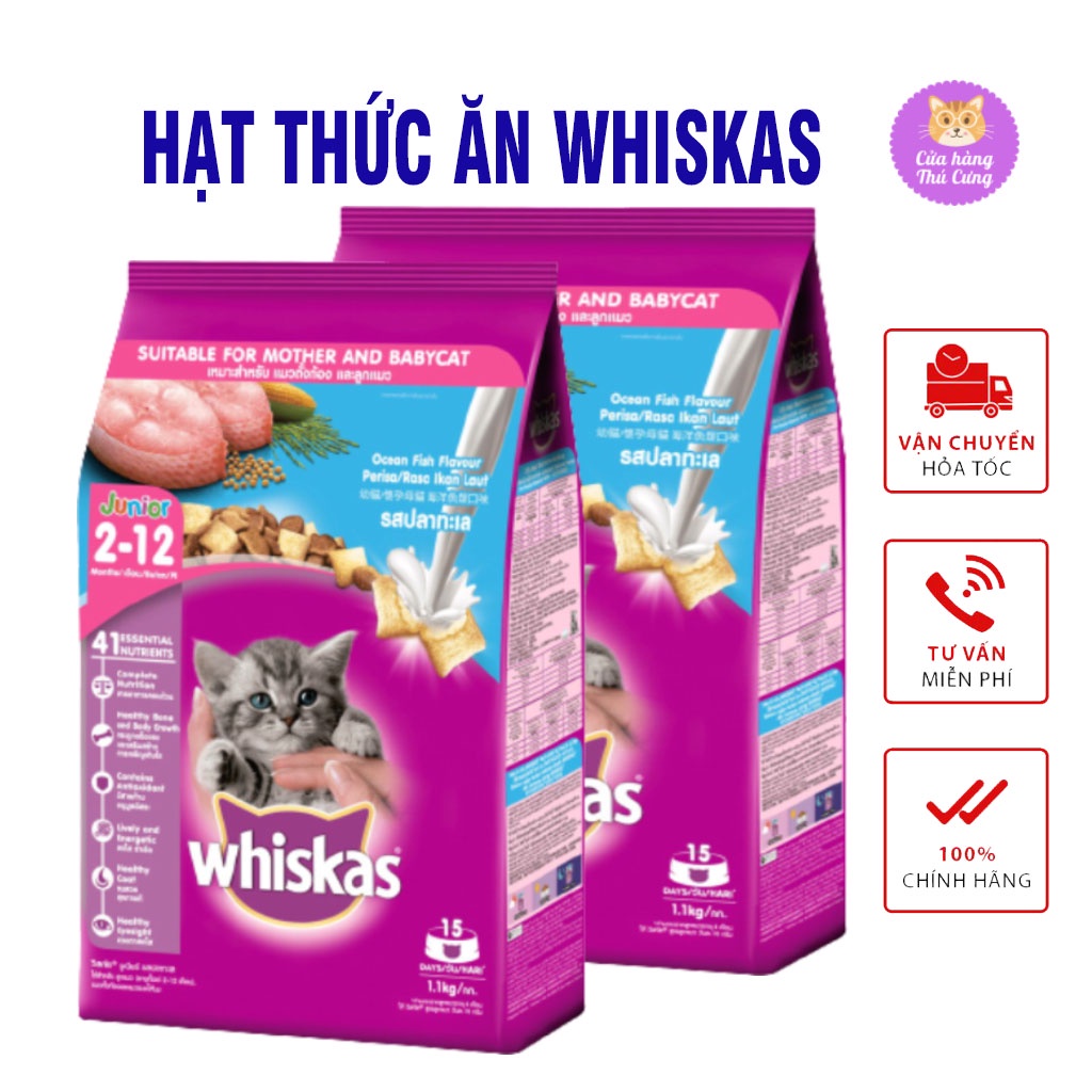 Thức Ăn WHISKAS® Cho Mèo Con Dạng Hạt Vị Cá Biển Với Sữa 1.1kg (1 Túi) ,Xuất Xứ Thái Lan