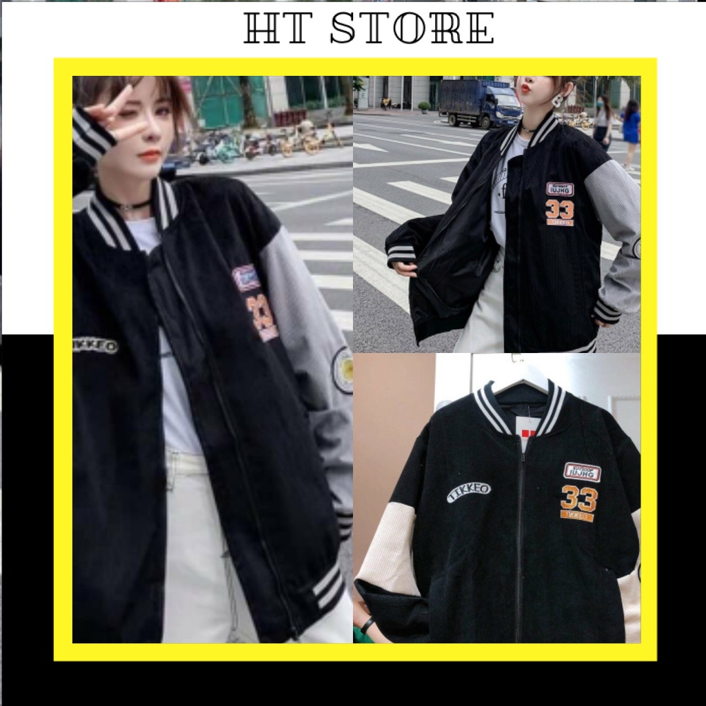 Áo Bomber Nam nữ Unisex Sọc Phối Màu Thêu Chữ Nhung Gân 333 dưới 70kg  G059 - HT STORE