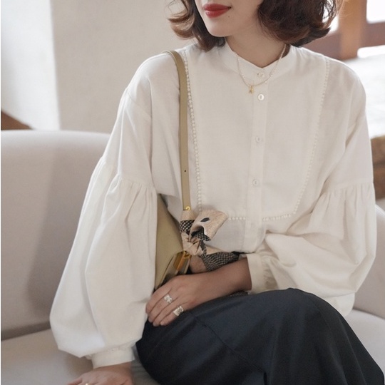 SUXI Áo Sơ Mi Tay Dài Phồng Cổ Tròn Màu Sắc Trơn Phong Cách Vintage Dành Cho Nữ