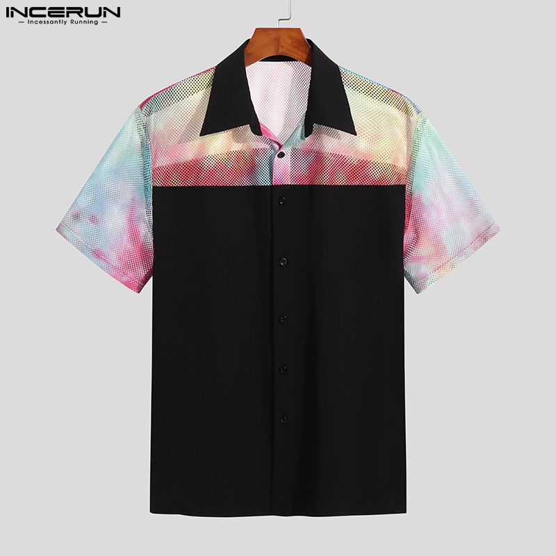 Áo sơ mi INCERUN cho nam tay ngắn xuyên thấu màu nhuộm độc đáo thời trang