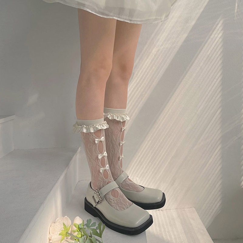 Tất Lửng Vải Satin Viền Ren Đính Nơ Phong Cách Lolita Hàn Quốc