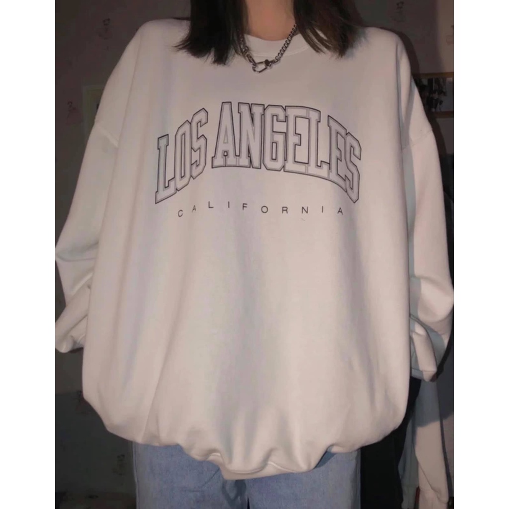 Áo nỉ bông sweater form rộng tay dài nam nữ cổ tròn mặc đôi hàn quốc 2 màu trắng xanh LOS ANGLES Unisex Ulzzang | BigBuy360 - bigbuy360.vn