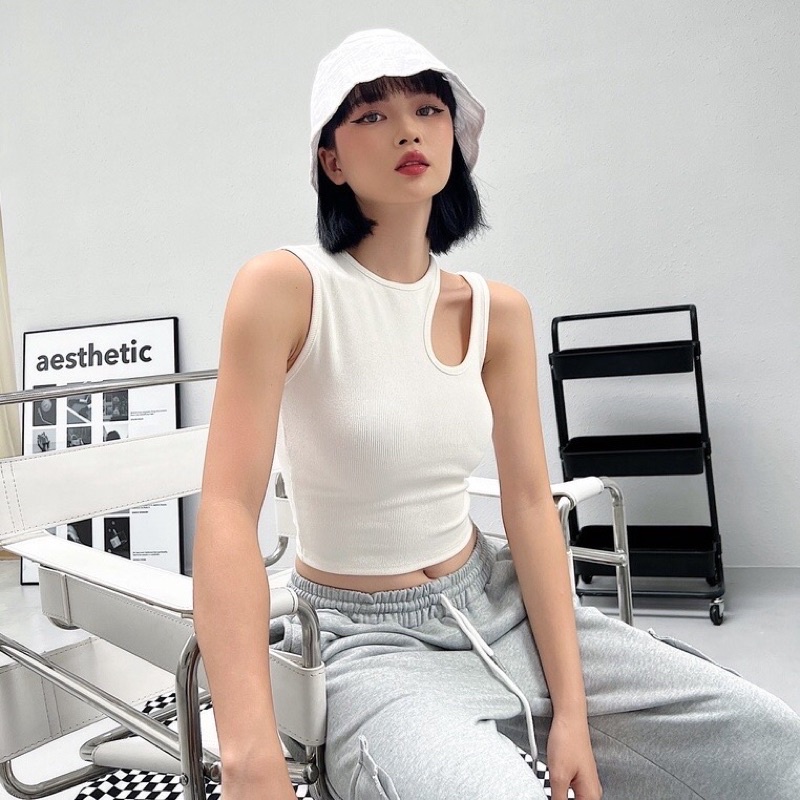 Áo croptop nữ sát nách trơn khoét vai áo thun cotton hở vai