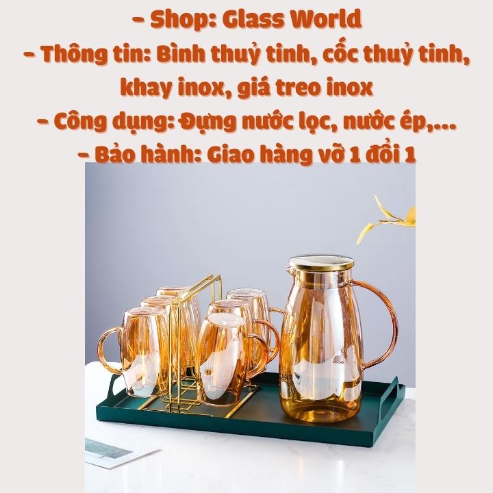 Bộ bình thủy tinh 💦 Hổ Phách 💦 6 cốc 1 bình giá treo khay mạ vàng đựng nước nước ép detox -