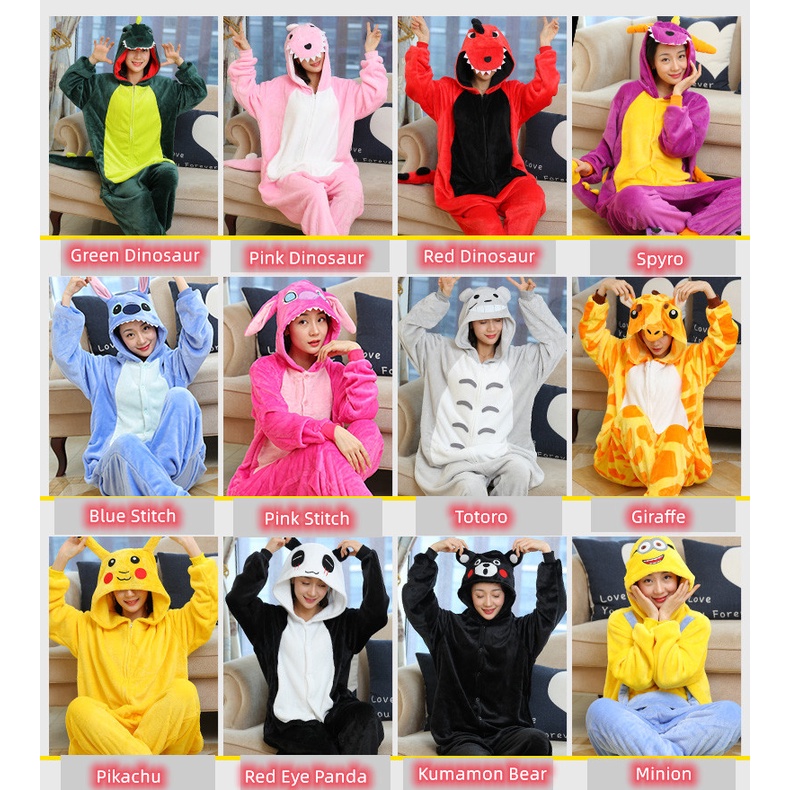 Bộ đồ ngủ liền thân tay dài in hoạt hình khủng long/ Stitch/ Pikachu dễ thương cho nam và nữ