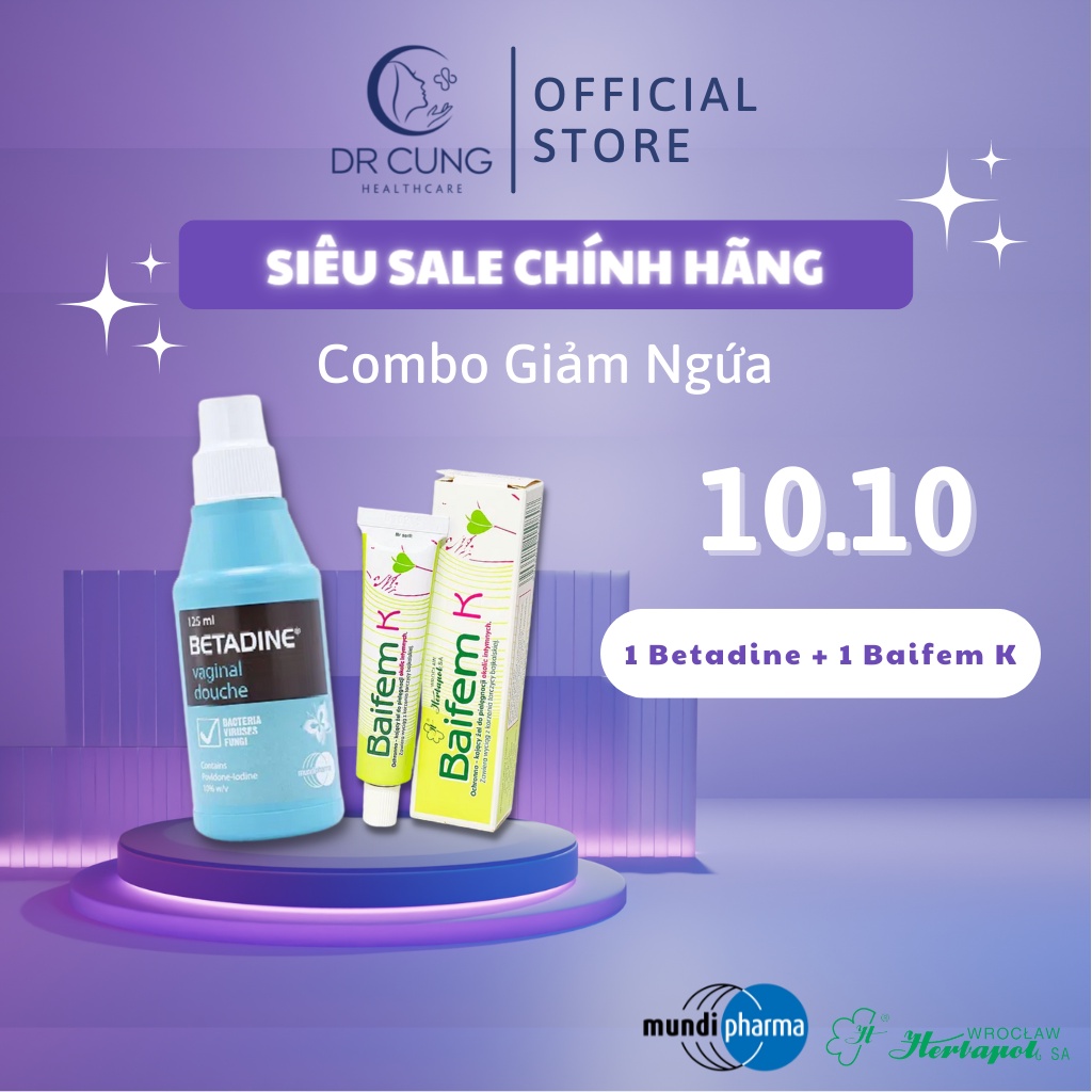 Combo Dung Dịch Vệ Sinh Betadine, Gel Bôi Ngứa Baifem K - Chăm Sóc Vùng Kín Nữ, Giảm Ngứa (Lọ 125ml) [Chính Hãng]