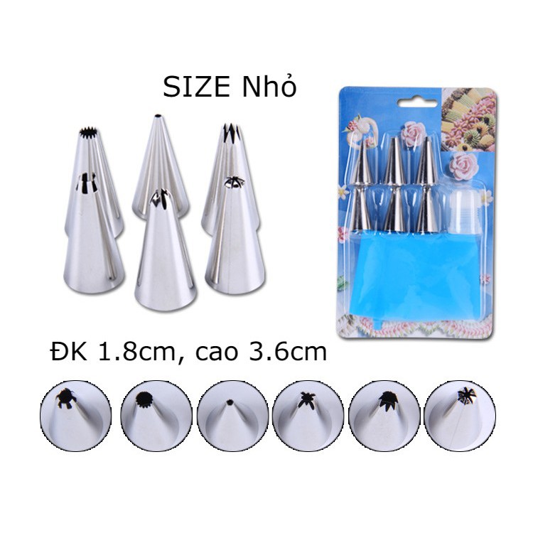 6 Đui bắt kem INOX, gồm đui nối và túi bắt bông, size lớn, size nhỏ