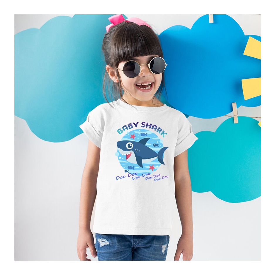 Áo thun cho bé tay ngắn vải cotton màu trắng Hạ Băng Designs - Baby Shark