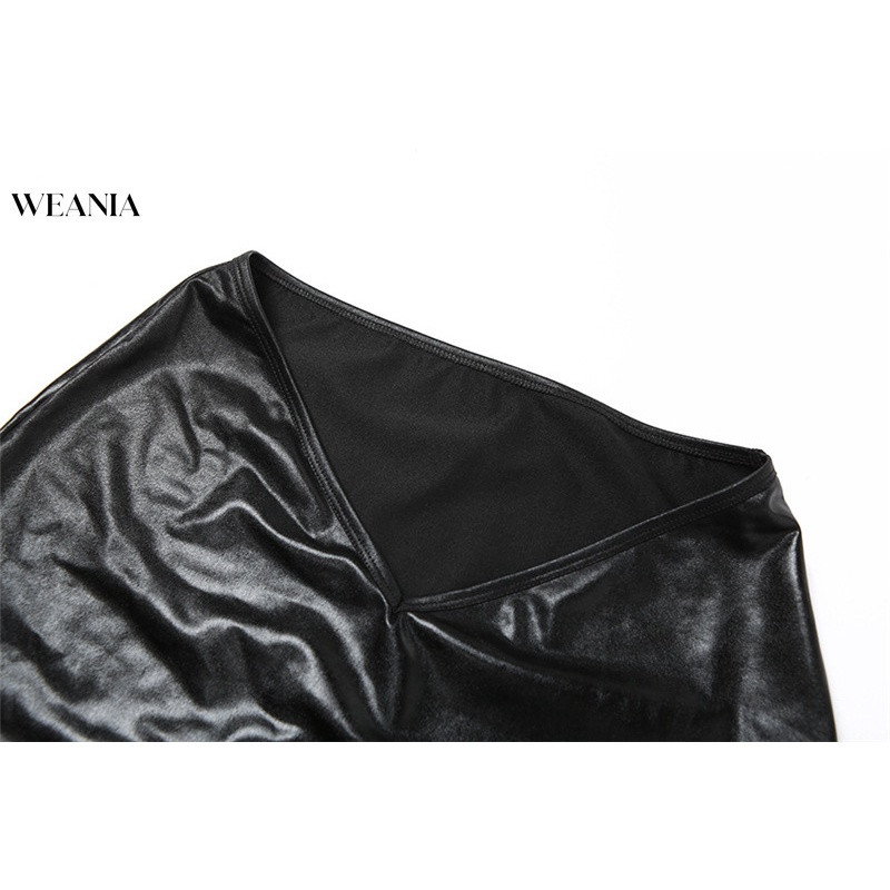 Set Áo Tank Top Cổ Chữ U + Chân Váy Da PU Lưng Thấp Phong Cách Quyến Rũ