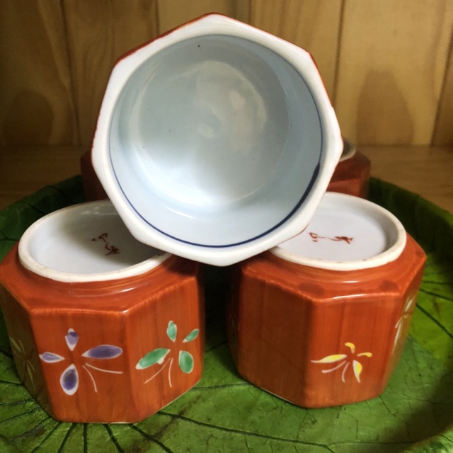 Bộ tách trà gốm sứ Nhật Bản 5 cái màu cam khác hoa văn nổi bật