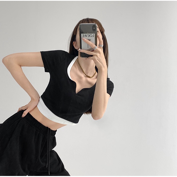 622152#Áo Thun Ngắn Tay Cổ Chữ V Giả Hai Lớp Màu Sắc Tương Phản Thời Trang Dành Cho Nữ