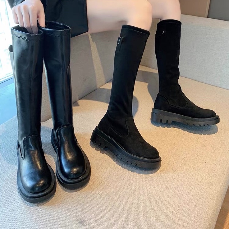 Boots lửng đầu gối da lộn đế cao 5cm không khoá