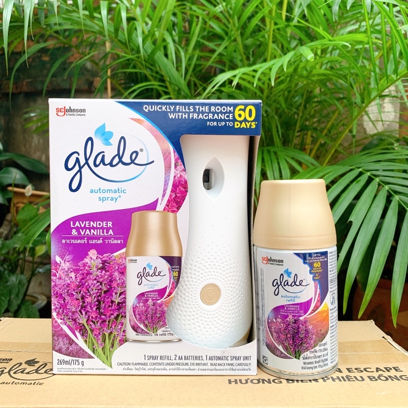 Máy xịt phòng tự động GLADE Hương lavender&amp;vanilla 269ml/175g( Máy + lõi kèm 2pin AA)hàng chuẩn