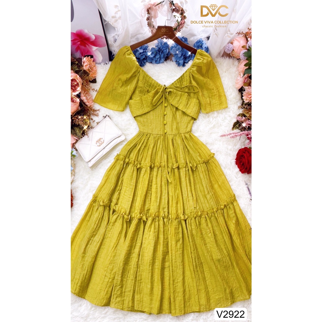 (KÈM ẢNH SÀN)VÁY XÒE XANH CỐM BÈO TẦNG V2922-DOLCE VIVA COLLECTION