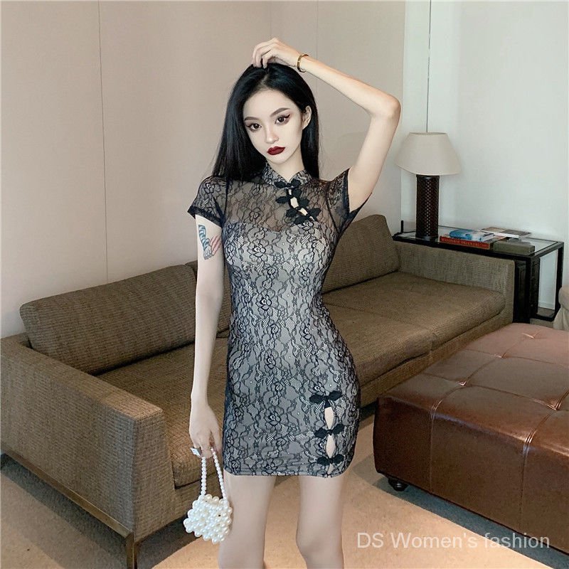 2021Summer New  Dress  Sexy Slim Hip  Retro Lace  Improved Cheongsam  Western Style Net Red