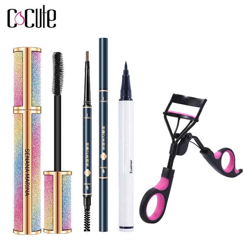 Bộ 4 dụng cụ trang điểm mắt COCUTE gồm mascara bút kẻ mắt nước chì kẻ chân mày dụng cụ uốn mi