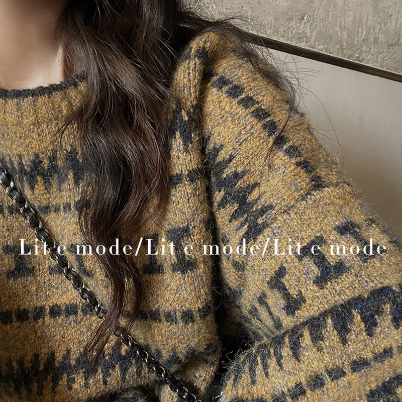 Áo Sweater dệt kim cổ tròn dáng rộng màu sắc tương phản phong cách Retro Hong Kong cho nữ