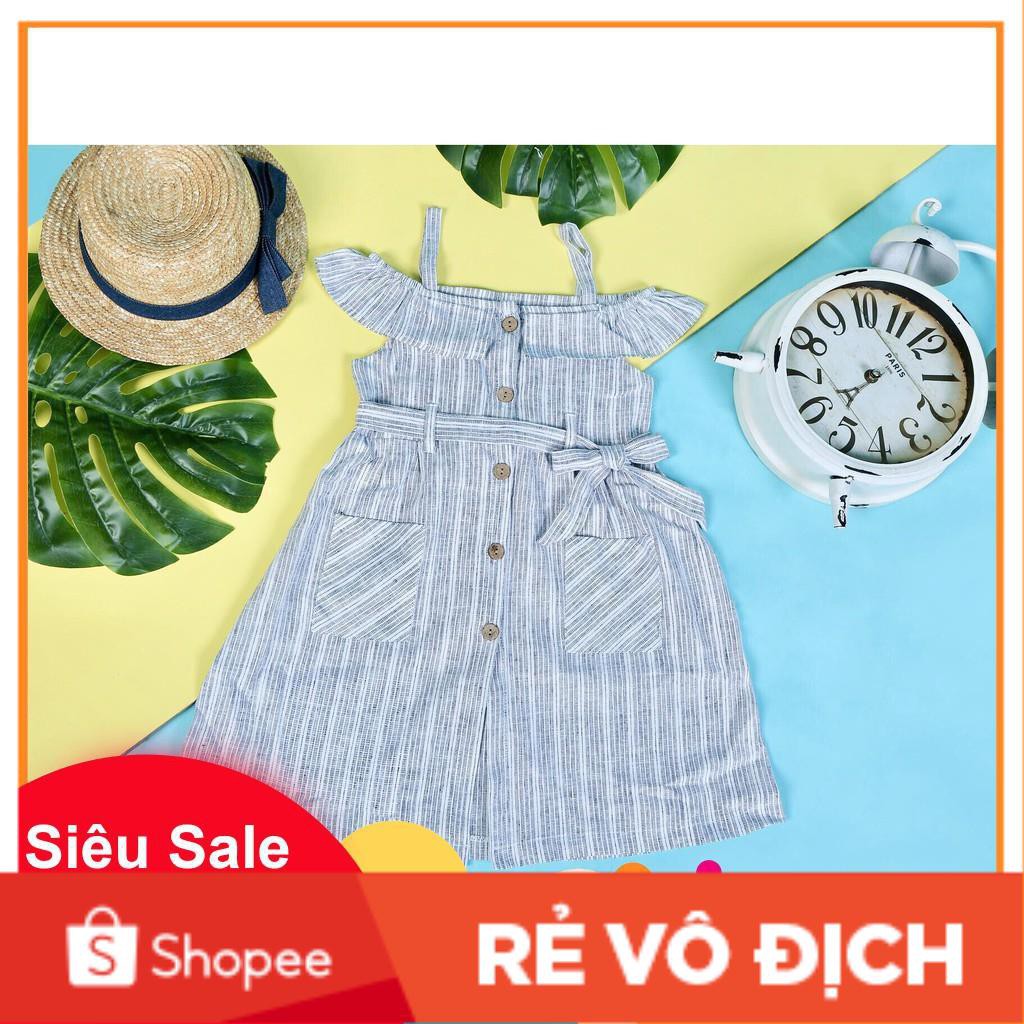 Váy linen hai dây trễ vai, nơ eo bé gái size 2-12, cho bạn từ 12-37kg. Chất linen đanh tay, không nhăn, kiểu dáng đẹp