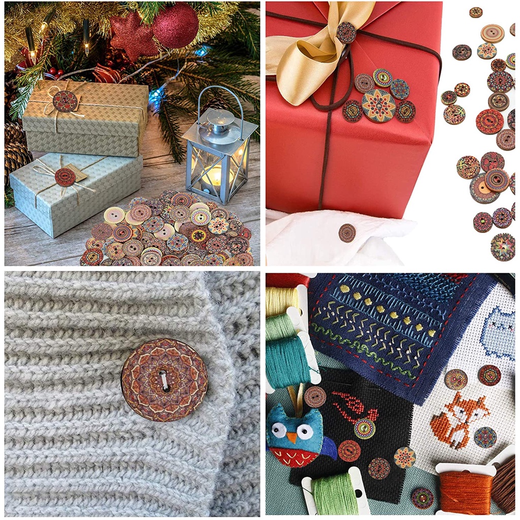 Set 50 Nút Gỗ 20 / 25mm In Họa Tiết Vintage Bảo Vệ Môi Trường