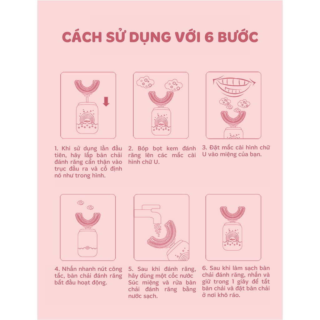 Bàn chải điện cho bé DREAMER, Bàn chải đánh răng điện cho bé đầu chữ U chất liệu silicone siêu mềm cho bé từ 2-12 tuổi