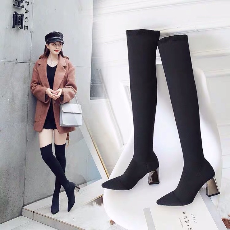 Bốt đùi BIG SIZE thun co giãn cho bắp chân 36-42cm cao gót tráng gương 7p