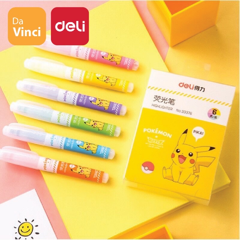 [ DaVinci ] Deli Bút Dạ Quang, dùng đánh dấu hình pikachu siêu dễ thương , bộ hộp 6 chiếc