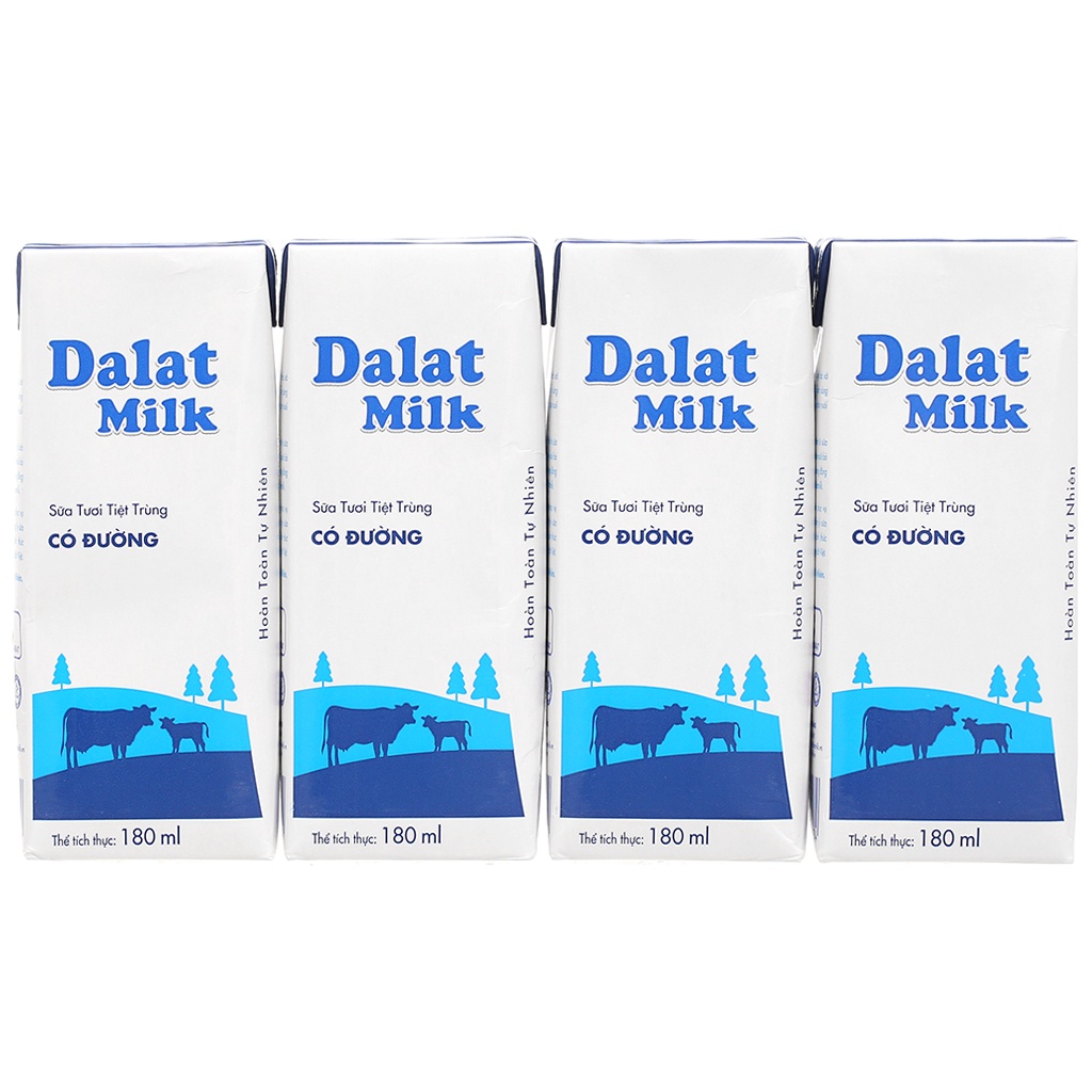 Lốc 4 hộp sữa tươi tiệt trùng nguyên chất / có đường Dalat Milk 180ml