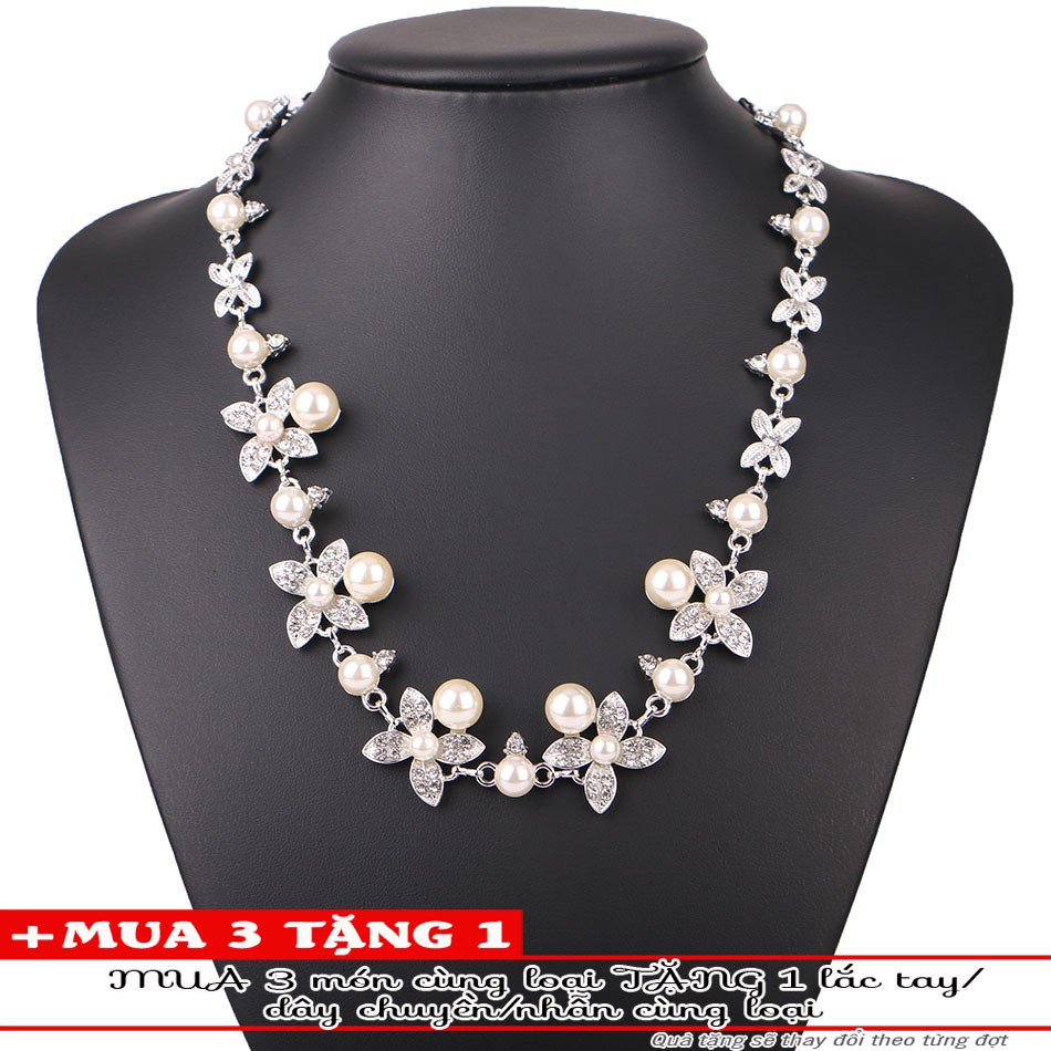 Vòng cổ dây chuyền bông hoa cánh lá trân châu đính đá pha lê - TS-0214