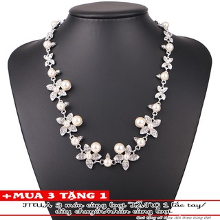 Vòng cổ dây chuyền bông hoa cánh lá trân châu đính đá pha lê - TS-0214