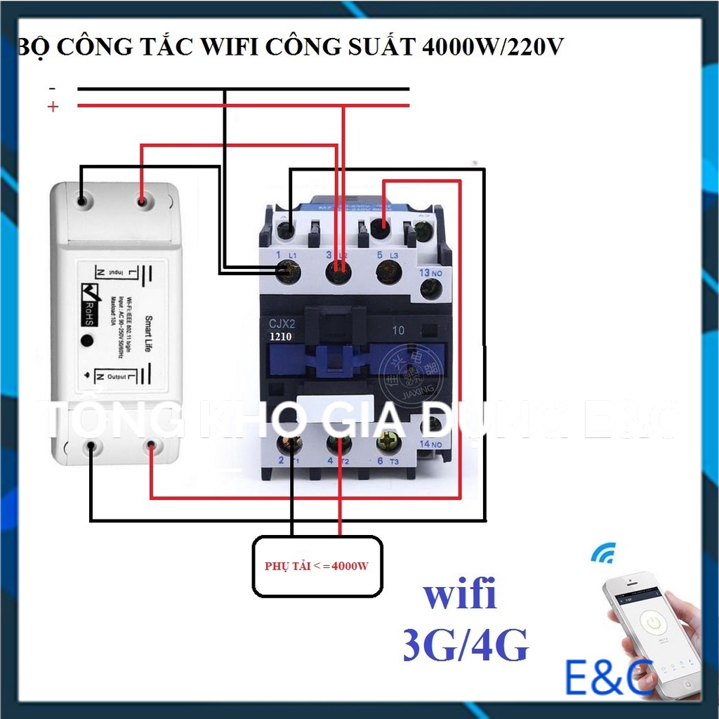 Bộ công tắc điều khiển từ xa hẹn giờ bật tắt bằng điện thoại kết nối wifi 3G 4G Smart Life và Khởi động từ CJX2 32A