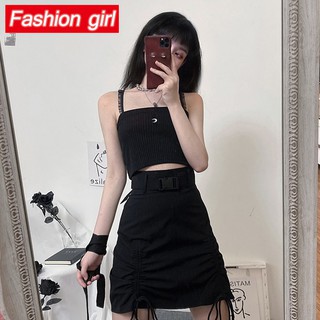 Set Áo Hai Dây Màu Đen + Chân Váy Chữ A Lưng Cao Xếp Ly Phong Cách Hàn Quốc