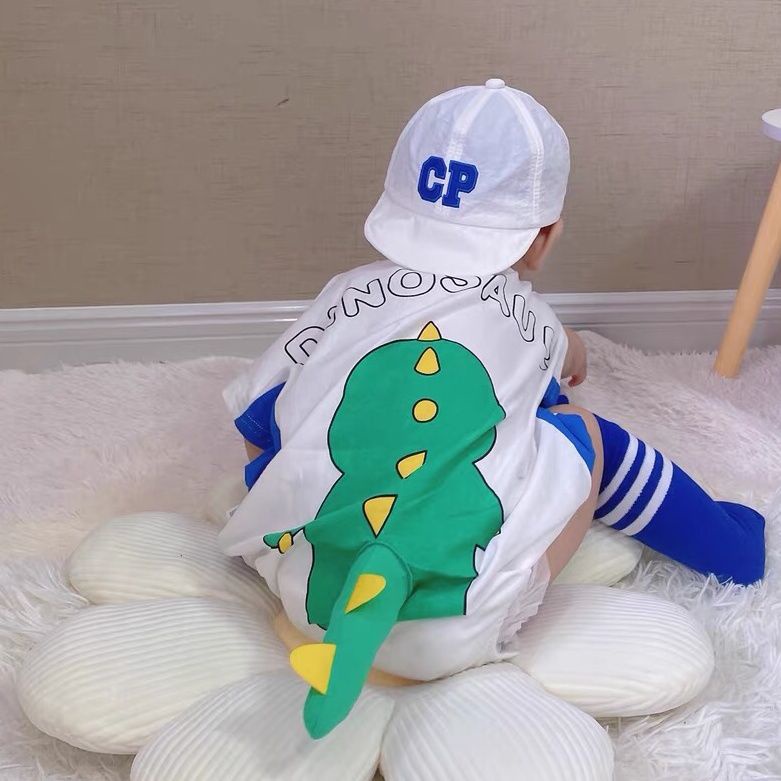 Bộ Áo Liền Quần Tay Ngắn Chất Cotton Mỏng Nhẹ In Họa Tiết Hoạt Hình Khủng Long/ Gấu Trúc Dễ Thương Cho Bé Sơ Sinh