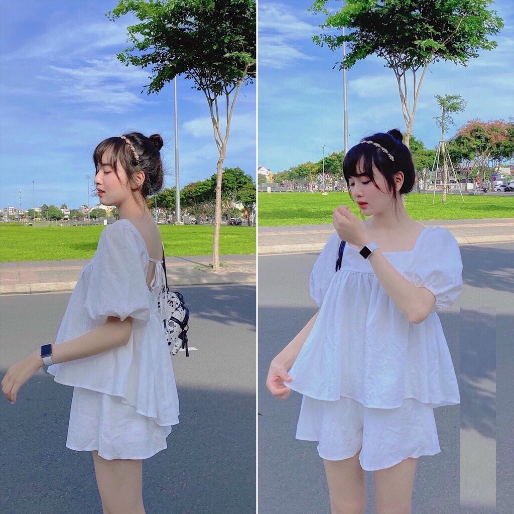 Set babydoll cộc tay thô lụa phối dây lưng - Bộ đồ hè quần short áo kiểu bánh bèo tiểu thư màu trắng mặc đi biển ulzzang