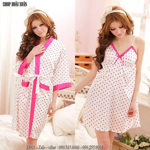 Đầm ngủ kèm áo choàng phi chấm bi hàng quảng châu - D001