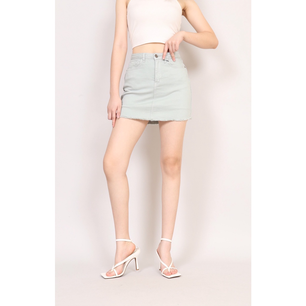 Quần Váy Jean Nữ Dáng A  Xanh Ngọc Trơn Gấu Tua co giãn CT Jeans