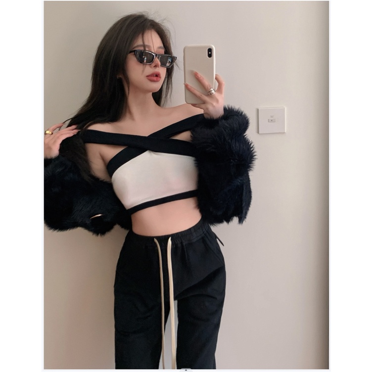 HUANG YOYO Áo Lửng Cổ Yếm Phong Cách Hàn Quốc Thời Trang Cho Nữ