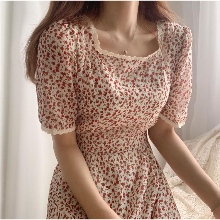 Váy vintage hoa nhí cổ vuông phối ren dáng xòe nhẹ hàn quốc chun eo - 502