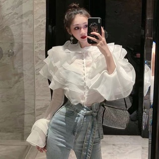 Áo sơ mi tơ cổ xếp tầng